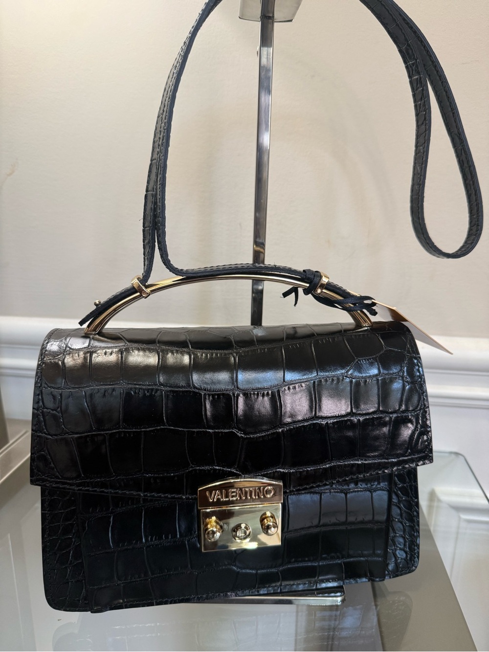 Valentino Black Croc-Embossed Mini Top-Handle Bag with Gold Hardware